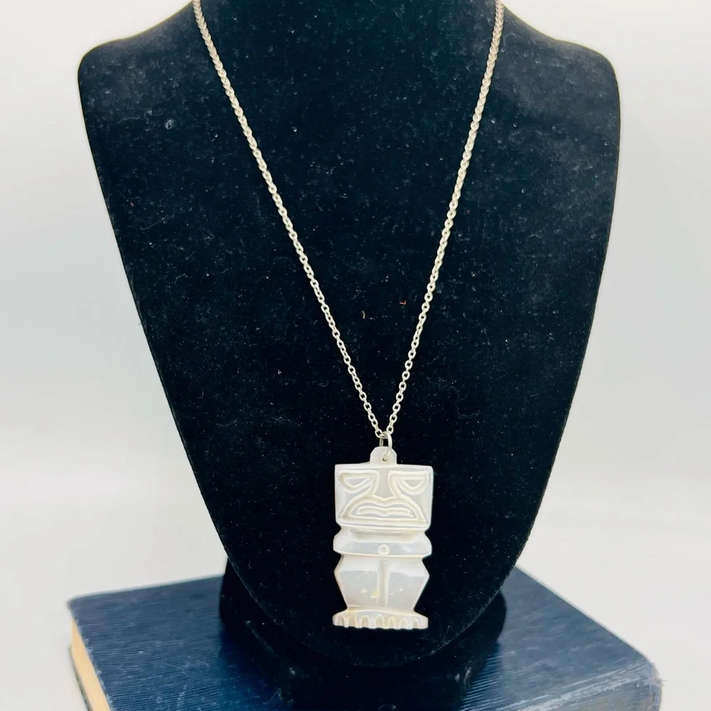 Vintage reversible carved mother of pearl tiki pendant tribal unique 18”
